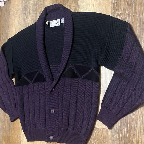 Vtg Randy River Geometric Knit Cardigan Sweater Leather Trim Mens L Grandpa Dad - Picture 3 of 9